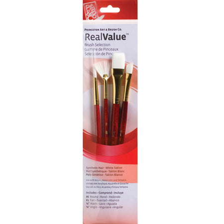 RealValue Brush Set, White Taklon Bristles, Short Handle Mixed Media Paintbrush, Red, 4 Pieces