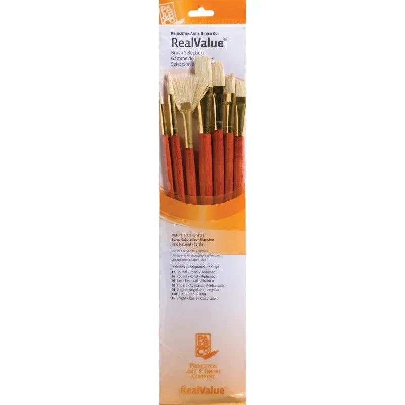 RealValue Brush Set, Natural Bristles, Long Handle Mixed Media Paintbrush, Orange, 7 Pieces