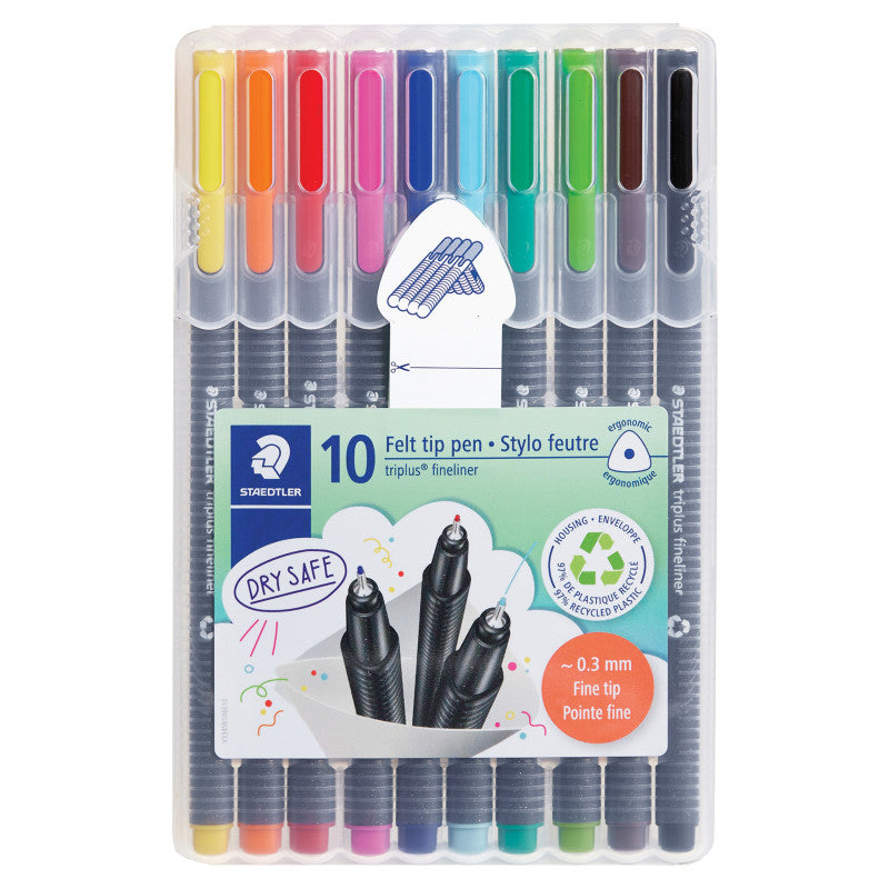 TriplusÂ® Fineliner Pens, Superfine 0.3 mm, Assorted Colors, Set of 10