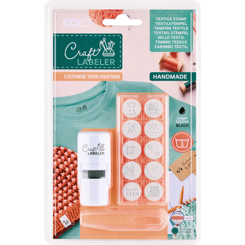 Customizable Textile Name Stamp Kit with 12 Motifs and Washable Black Ink