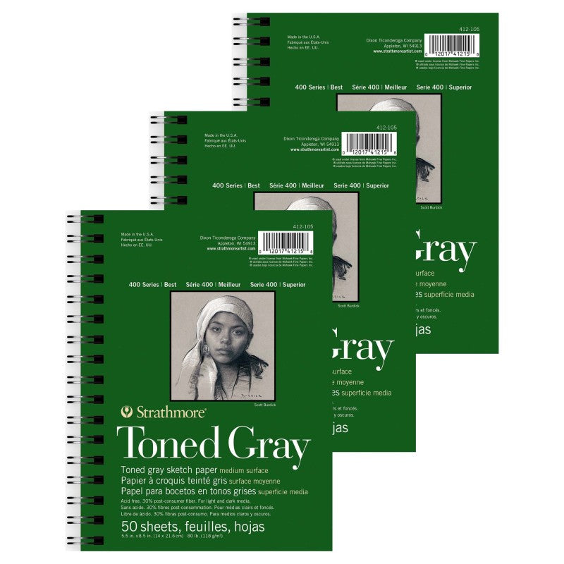 400 Series Sketch Paper Pad, Recycled, Toned Gray, Side Wire Binding, 50 Sheet, 5.5x8.5 inch, Pack of 3