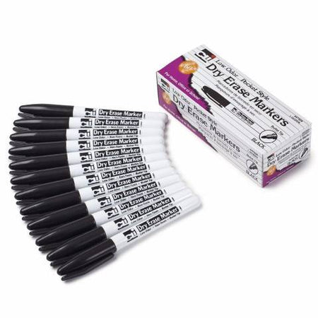 Charles Leonard Dry Erase Markers, Pocket Style with Bullet Tip, BLACK, Pack of 12