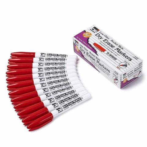 Charles Leonard Dry Erase Markers, Pocket Style with Bullet Tip, RED, Pack of 12