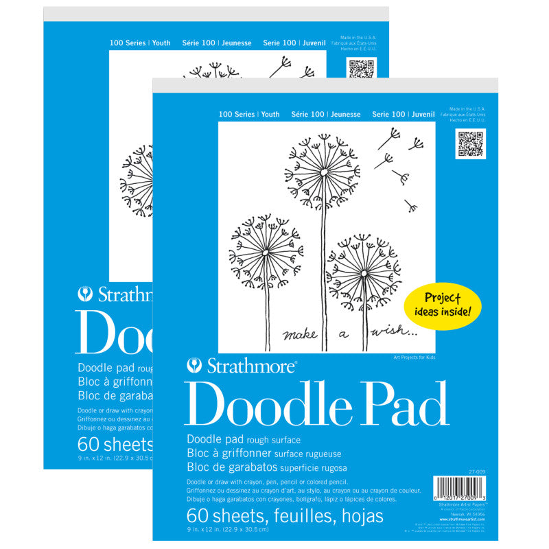 100 Series Doodle Paper Pad, 9x12 in, White, 60 Sheets, Pack of 2