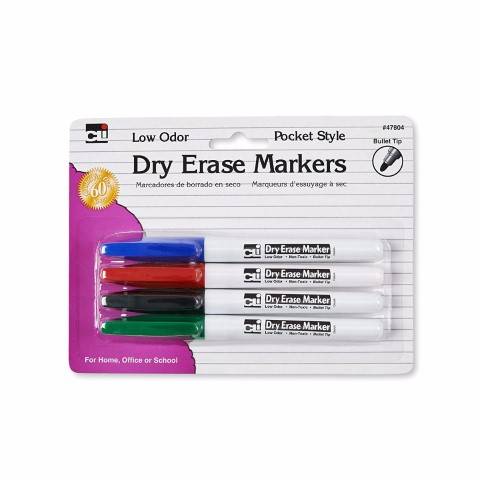 Charles Leonard Dry Erase Markers, Pocket Style with Bullet Tip, 4-color set, Assorted Colors