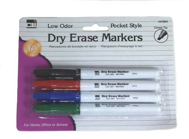 Charles Leonard, Dry Erase Markers Barrel Style with Chisel Tip, 4 Pack, Assorted Colors