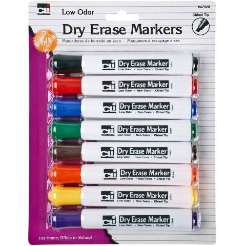 Charles Leonard Dry Erase Markers, Barrel Style with Chisel Tip, 8 Markers per Set, Assorted Colors