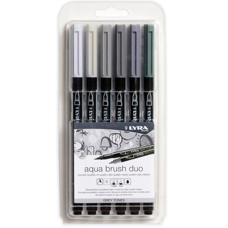 Aqua Brush Duo Dual Tip Marker Set, Gray Assorted Colors, 6 Pieces
