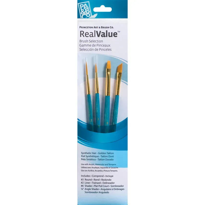 RealValue Brush Set, Gold Taklon Bristles, Short Handle Mixed Media Paintbrush, Blue, 4 Pieces