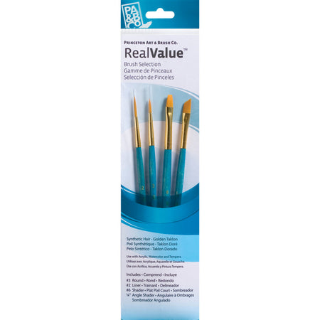 RealValue Brush Set, Gold Taklon Bristles, Short Handle Mixed Media Paintbrush, Blue, 4 Pieces