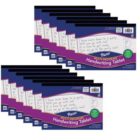 Multi-Program Handwriting Tablet, D'Nealian/Zaner-Bloser, 1/2" x 1/4" x 1/4" Ruled Long, 10-1/2" x 8", 40 Sheets, Pack of 12