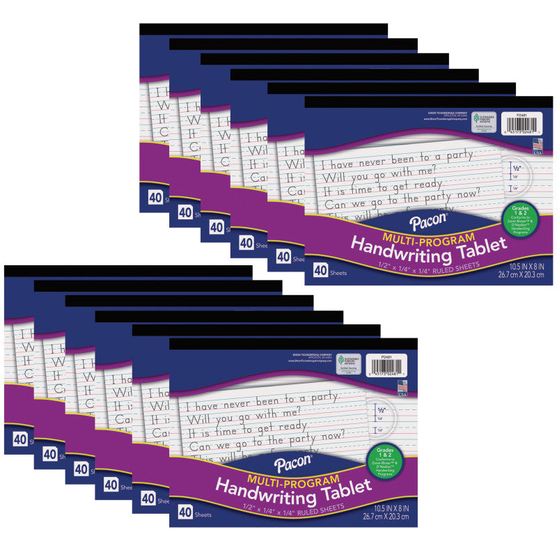 Multi-Program Handwriting Tablet, D'Nealian/Zaner-Bloser, 1/2" x 1/4" x 1/4" Ruled Long, 10-1/2" x 8", 40 Sheets, Pack of 12