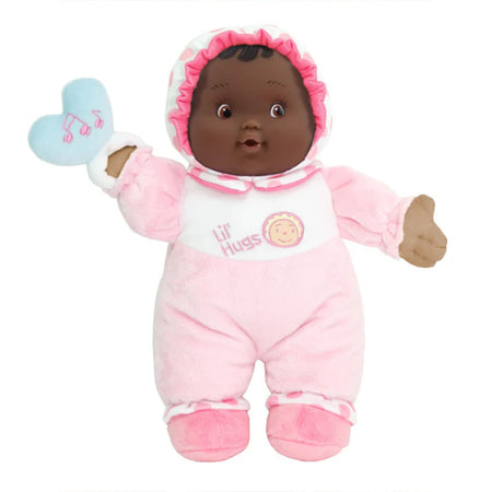 Lil' Hugs Baby's First Soft Doll, Vinyl Face, Pastel Outfits with Rattle, 12" African-American