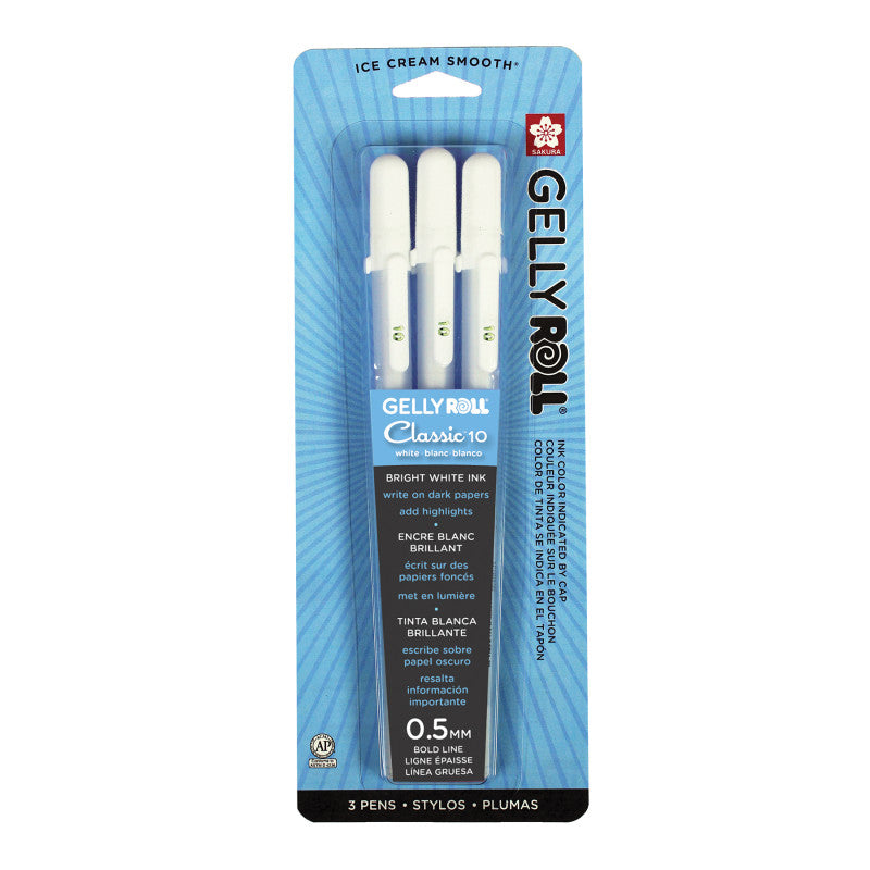 Gelly Roll Classic Gel Ink Pens, 10 Bold, White, Pack of 3
