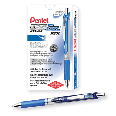EnerGel RTX Retractable Liquid Gel Pen, (0.7mm) Metal Tip, Medium Line, Blue Ink, 1 Dozen