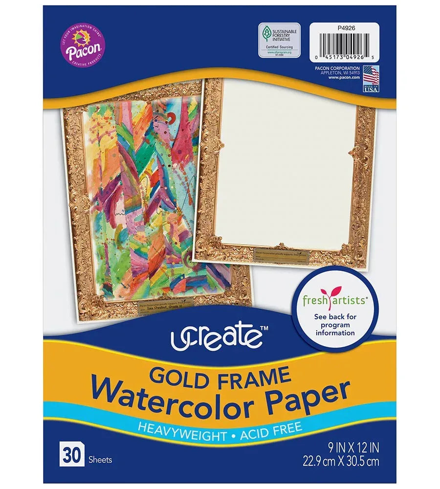 Gold Frame Watercolor Paper, Gold Frame, 9" x 12", 30 Sheets, (P4926)