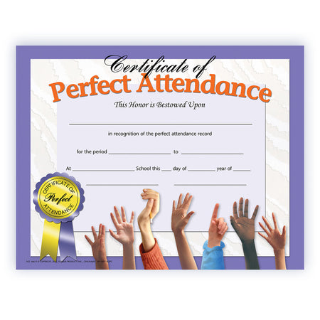Certificate of Perfect Attendance, 8.5" x 11", Pack of 30