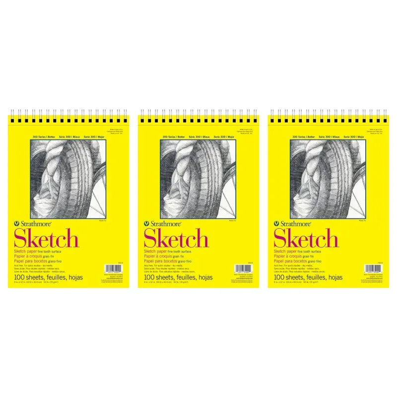 300 Series Sketch Pad, Side Wire Binding, 100 Sheets, 9x12 inch, Pack of 3