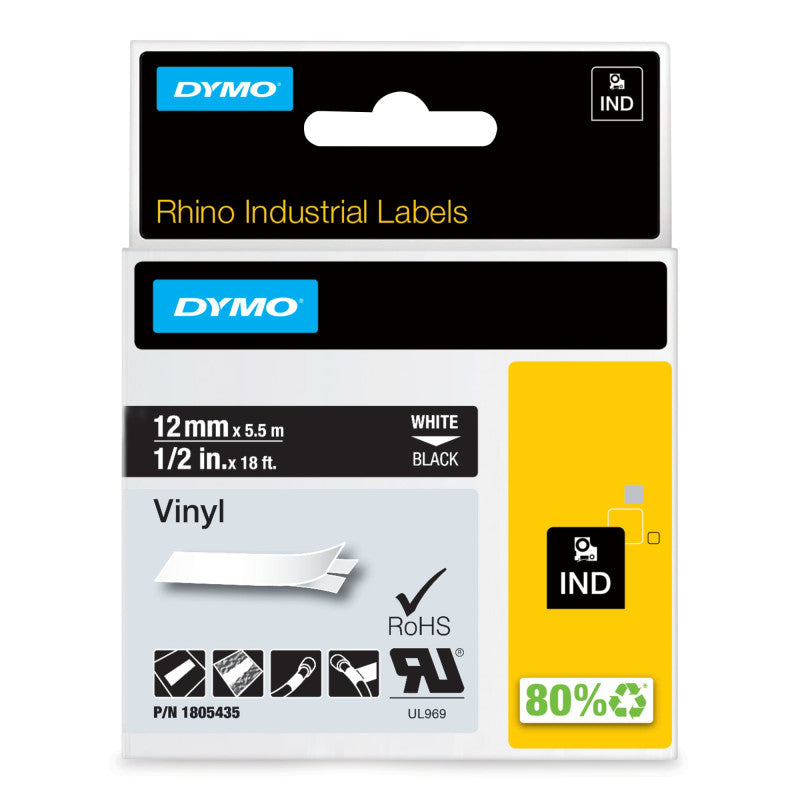 DYMOÂ® Rhino Industrial Vinyl Labels, 1/2", White Print on Black Tape