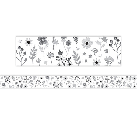 Black and White Floral Straight Border Trim, 35 Feet