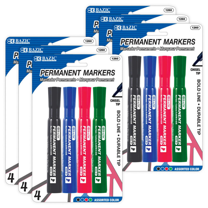 Desk Style Permanent Markers, Chisel Tip, Assorted Colors, 4 Per Pack, 6 Packs