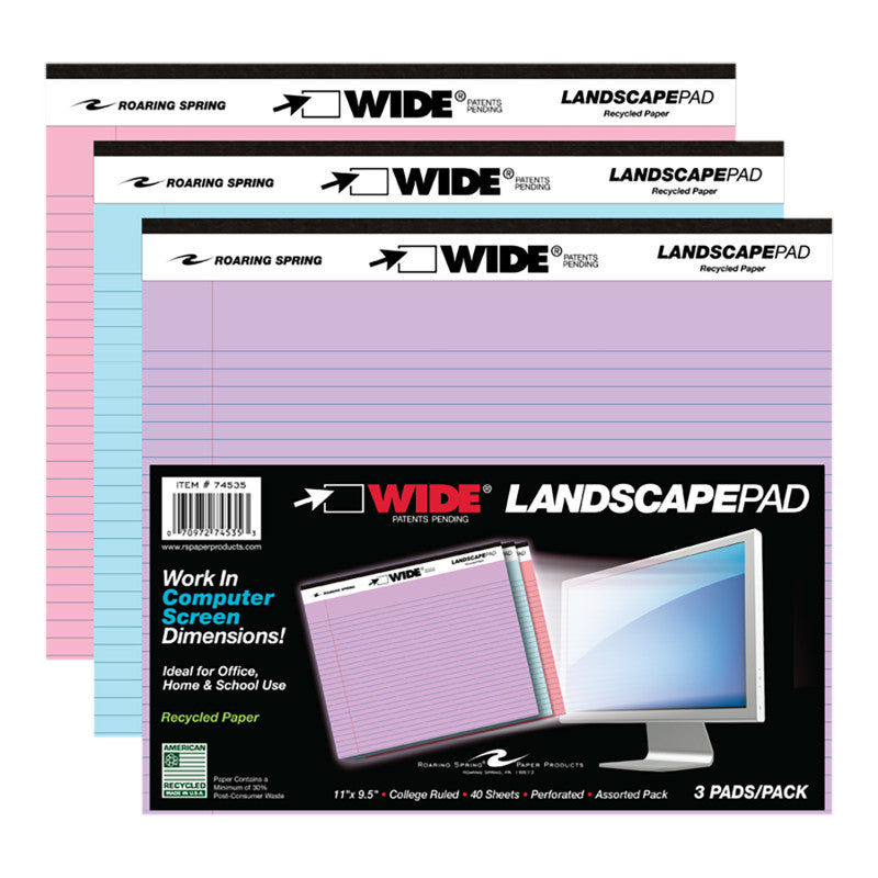 Legal Pad, Landscape, Assorted 3-Pack (Orchid, Blue, Pink)