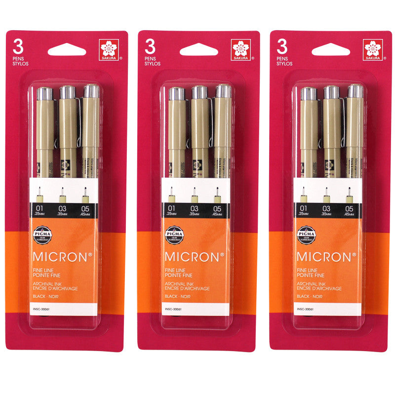 Pigma Micron Pens, Black, Assorted Sizes, 3 Per Pack, 3 Packs