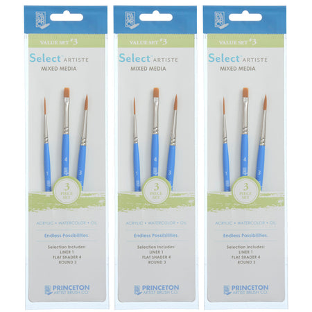 Select Artiste Brush Set No. 3, Synthetic Bristles, Short Handle Mixed Media Paintbrush, Jewel Blue, 3 Per Set, 3 Sets
