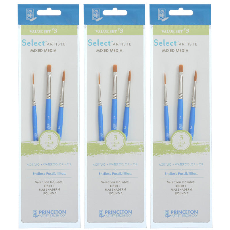 Select Artiste Brush Set No. 3, Synthetic Bristles, Short Handle Mixed Media Paintbrush, Jewel Blue, 3 Per Set, 3 Sets