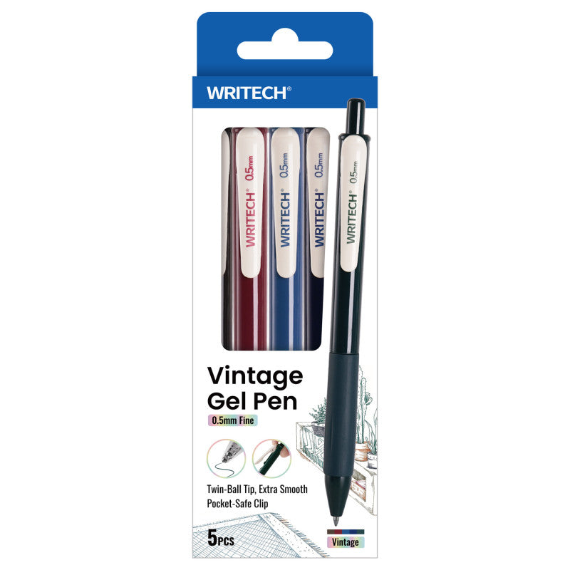 Vintage Color Retractable Gel Pens, Classic Tones, 0.5 mm, 5 Count