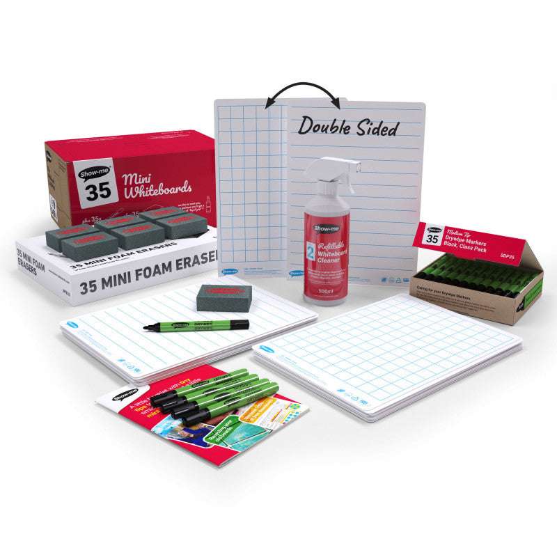 Classpack of 35 x A4 Lined/Gridded Double Sided Lapboards, with Pens, Erasers, Cleaner