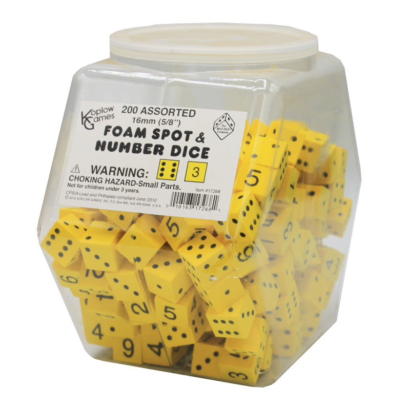 Foam Spot & Number Dice, Yellow, 16mm, Tub of 200