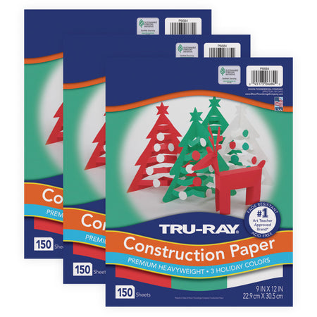 Construction Paper, Heavyweight, Holiday Assortment, 9" x 12", 150 Sheets Per Pack, 3 Packs