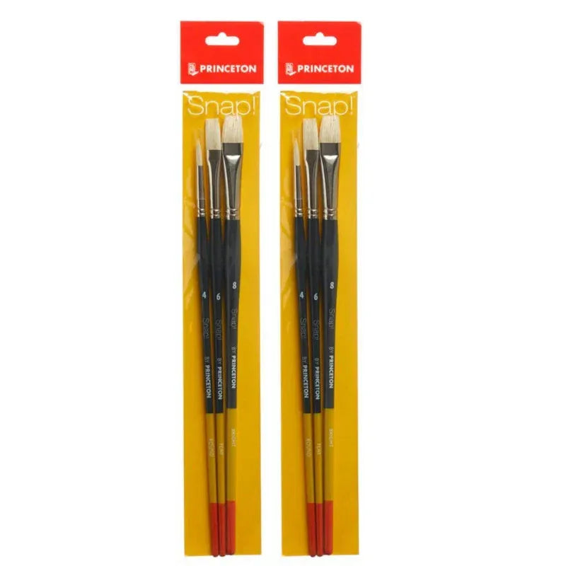 Snap! Brush Set No. 4, Natural Bristles, Long Handle Acrylic & Oil Paintbrush, Multicolor, 3 Per Set, 2 Sets