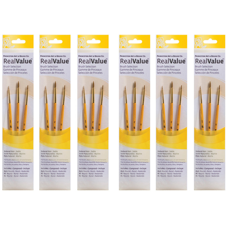 RealValue Round Brush Set, Camel Bristles, Short Handle Mixed Media Paintbrush, Yellow, 3 Per Set, 6 Sets