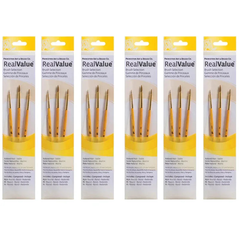 RealValue Round Brush Set, Camel Bristles, Short Handle Mixed Media Paintbrush, Yellow, 3 Per Set, 6 Sets
