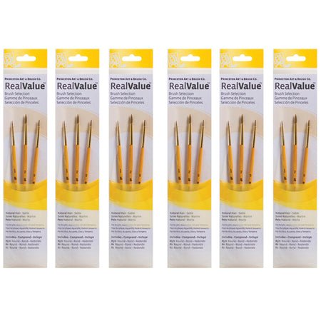 RealValue Round Brush Set, Camel Bristles, Short Handle Mixed Media Paintbrush, Yellow, 3 Per Set, 6 Sets