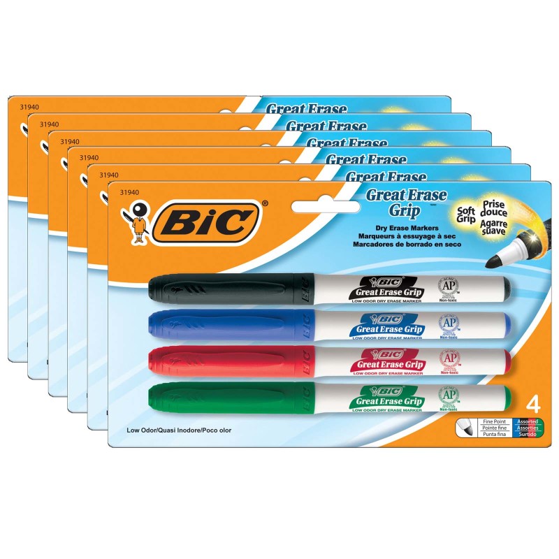 Great Erase&reg; Low Odor Dry Erase Markers, Fine Point, Assorted Colors, 4 Per Pack, 6 Packs