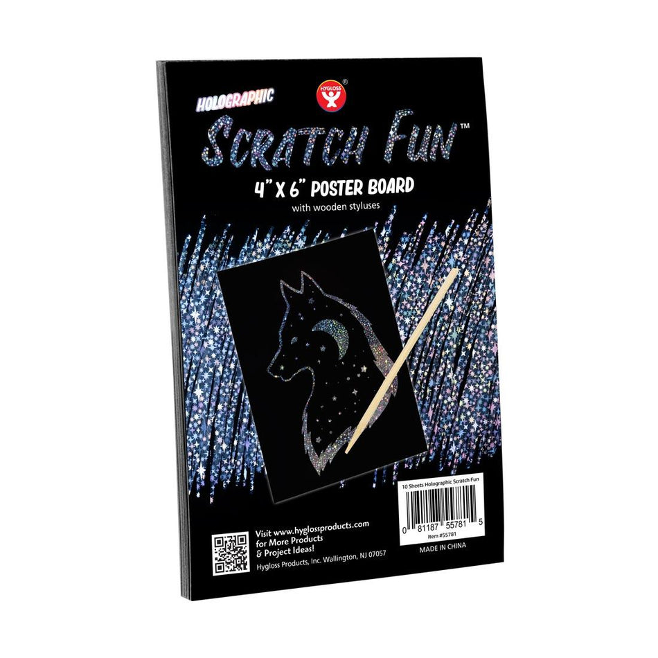 Hygloss Scratch Fun Posterboard HOLOGRAPHIC Black Matte Scratch Art, 100 Silver Holographic Papers 4" x 6" with 20 styluses (55784)