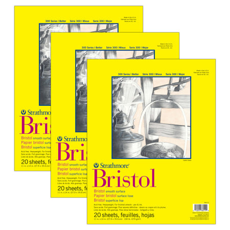300 Series Bristol Pad, Smooth Finish, Tape Binding, 20 Sheet, 11x14 inch, Pack of 3