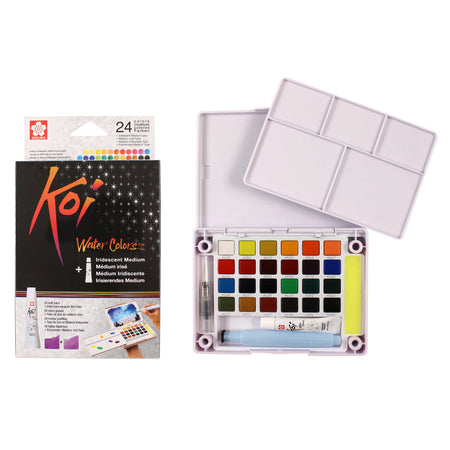 Koi Water Colors Field Sketch Box with Brush, 24 Colors & 5mL Iridescent Medium