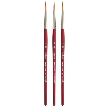 Velvetouch Long Round Brush, Synthetic Bristles, Short Handle Mixed Media Paintbrush, Scarlet, Size 4, Pack of 3