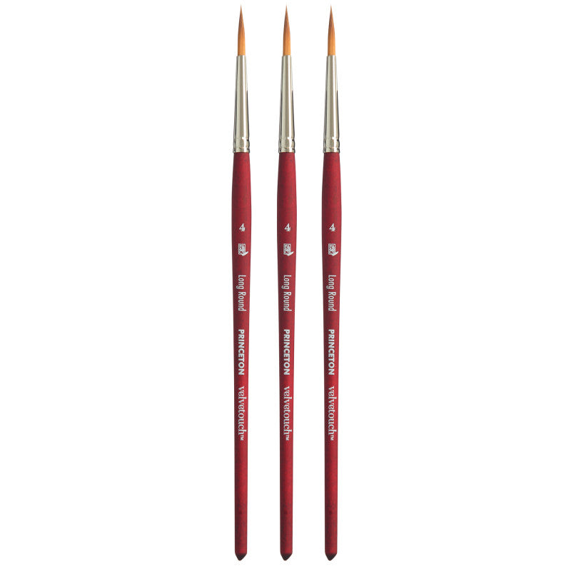 Velvetouch Long Round Brush, Synthetic Bristles, Short Handle Mixed Media Paintbrush, Scarlet, Size 4, Pack of 3