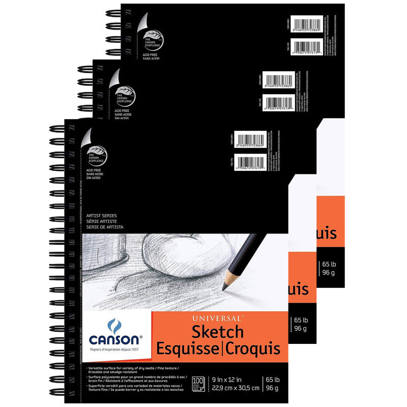 Artist Series Universal Sketch Pad, Side Wire Binding, 100 Sheet, 9x12 inch, Pack of 3