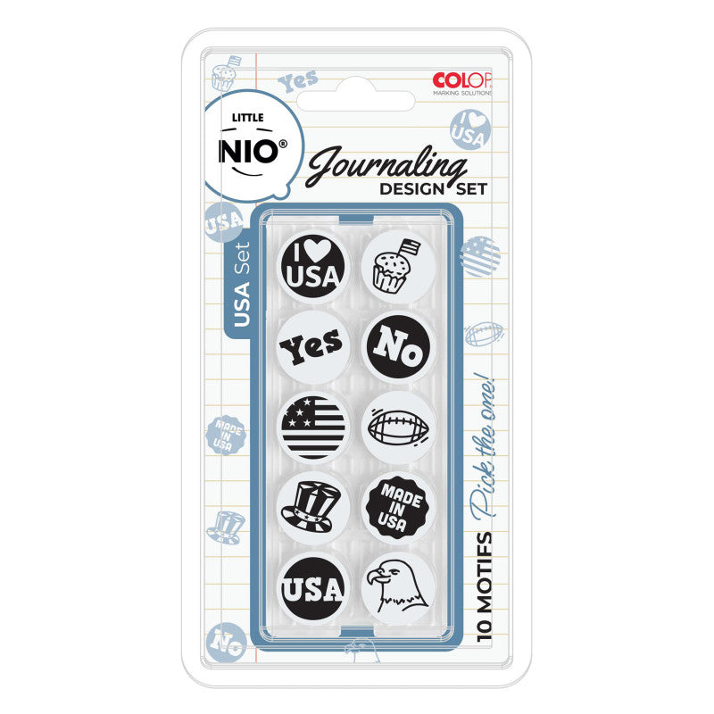 Little NIO USA Journaling Stamp Set, 10 Interchangeable Designs, 17 mm Round Imprint