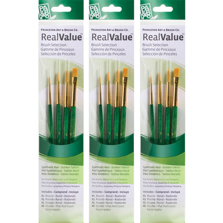 RealValue Brush Set, Gold Taklon Bristles, Short Handle Mixed Media Paintbrush, Brown, 4 Per Set, 3 Sets