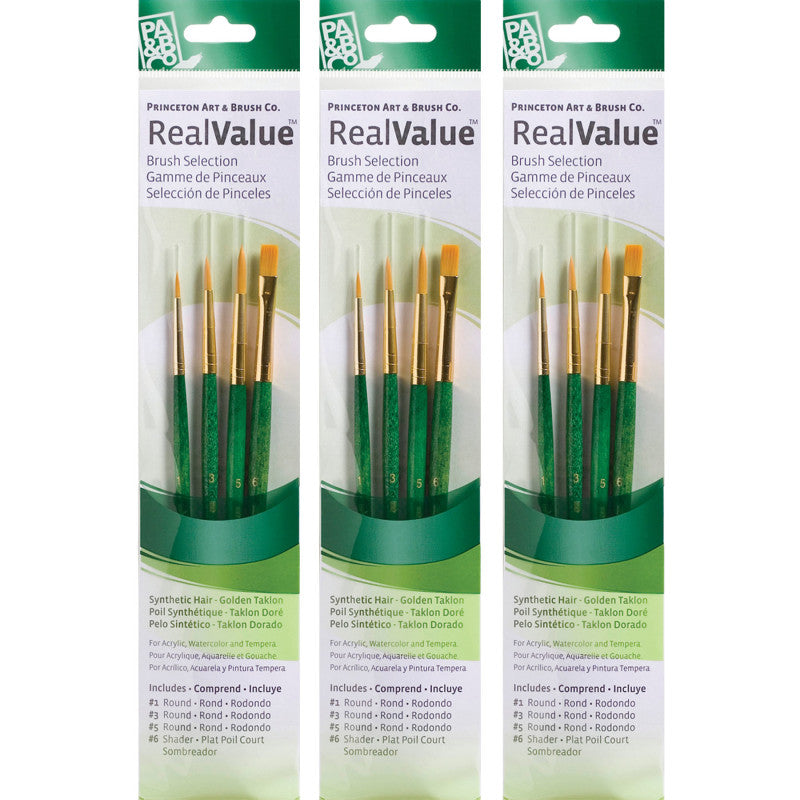 RealValue Brush Set, Gold Taklon Bristles, Short Handle Mixed Media Paintbrush, Brown, 4 Per Set, 3 Sets
