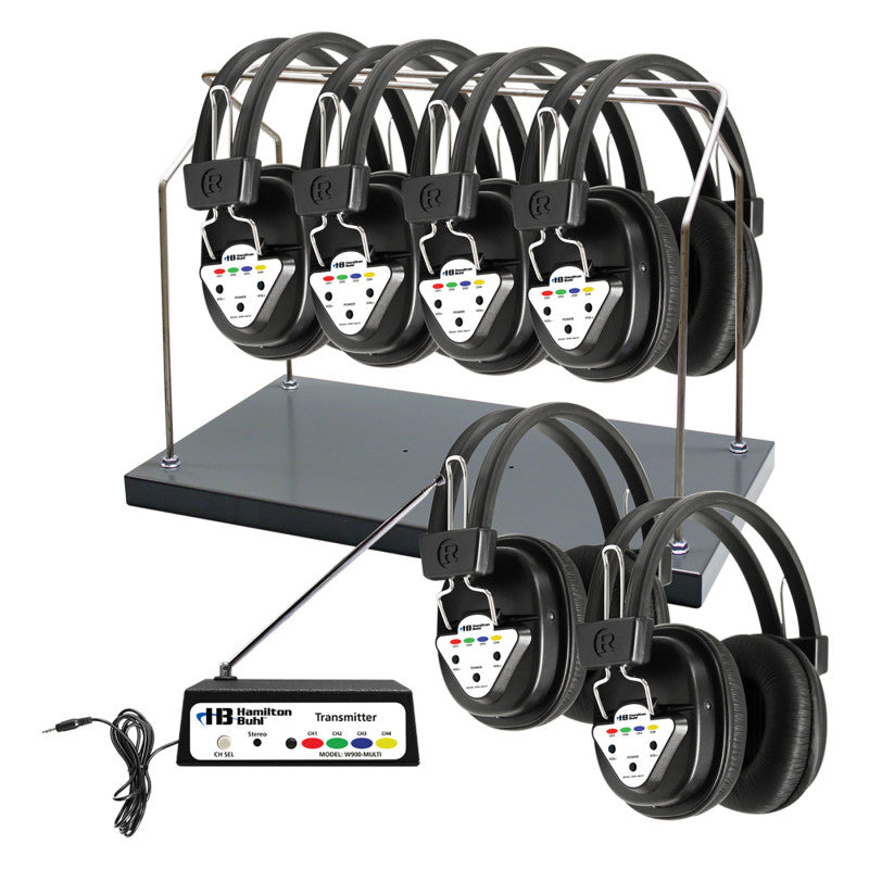 AudioFlow&trade; Wireless 6-Person Listening Center with Multi-Frequency Transmitter, Wireless Headphones & Rack