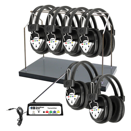 AudioFlow&trade; Wireless 6-Person Listening Center with Multi-Frequency Transmitter, Wireless Headphones & Rack