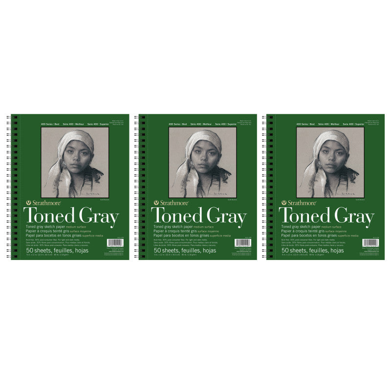 400 Series Sketch Pad, Recycled, Toned Gray, Side Wire Binding, 50 Sheet, 9x12 inch, Pack of 3